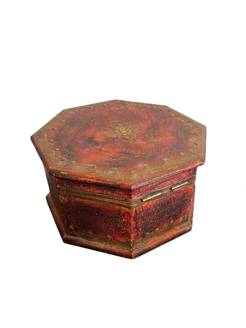 Vintage Red Octagonal Wooden Keepsake Box Brass Studded Jewelry Chest Distressed